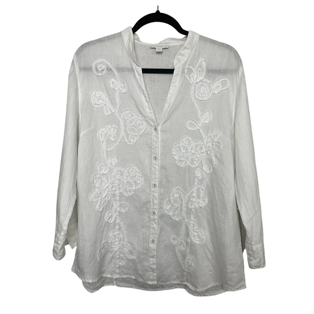 Charter Club 100% Linen White Floral Embroidered Button Up 3/4 Sleeve Size 14